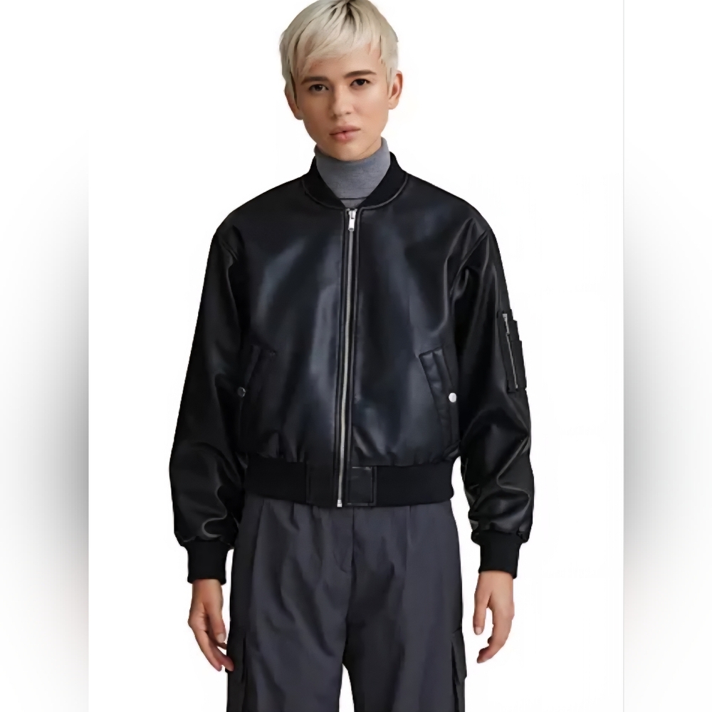 NLVT Black Leather Bomber Jacket Large Euc
